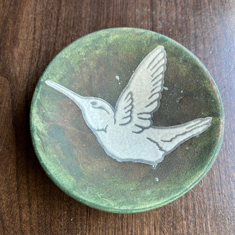 Handmade Jeremy Diller Raku pottery Dish hummingbird green oil-slick finish